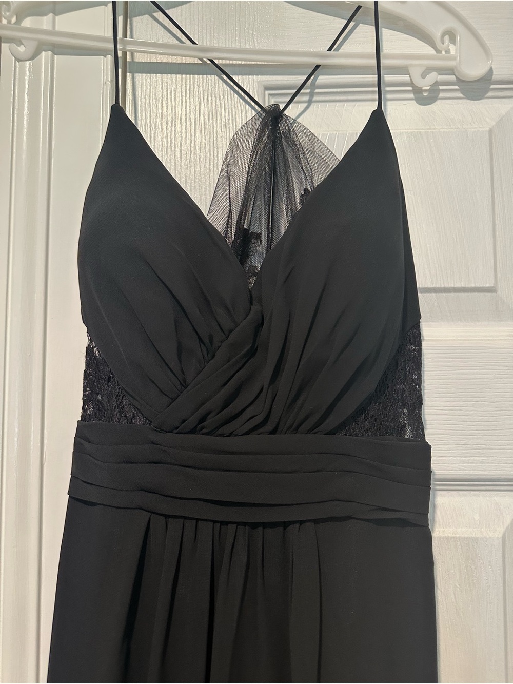 Bari Jay Black Asymmetrical Lace-Back Evening Gown